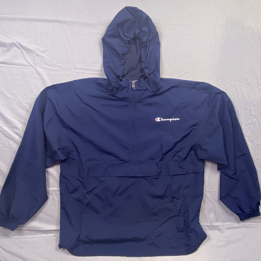 Champion Packable Quarter Zip Windbreaker Mens Large Navy Blue Rain Jacket Hood